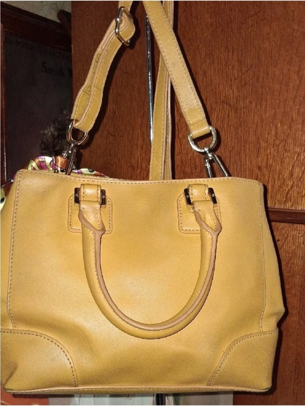 Tory Burch Yellow Leather Shoulder Tote with Patterned Scarf Accent